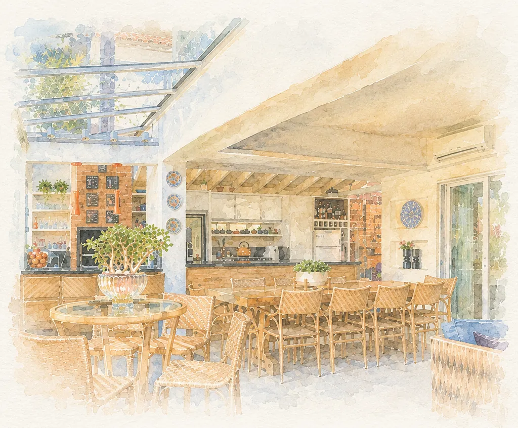 Aquarela do espaço da cerimônia: uma área gourmet com mesa comprida, cadeiras de palha e a cozinha ao fundo.